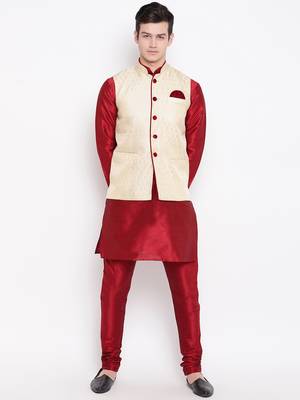 Mag Men's Red Matching Kurta Churidar With Gold  Waiscoat  For Men (RG-19459-36) 1