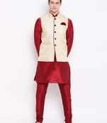 Mag Men's Red Matching Kurta Churidar With Gold  Waiscoat  For Men (RG-19459-36)