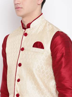 Mag Men's Red Matching Kurta Churidar With Gold  Waiscoat  For Men (RG-19459-36) 2