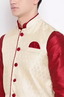 Mag Men's Red Matching Kurta Churidar With Gold  Waiscoat  For Men (RG-19459-36)