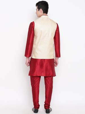 Mag Men's Red Matching Kurta Churidar With Gold  Waiscoat  For Men (RG-19459-36) 4
