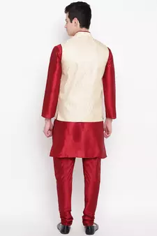 Mag Men's Red Matching Kurta Churidar With Gold  Waiscoat  For Men (RG-19459-36)