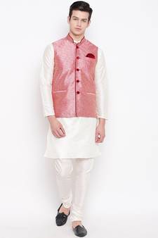 Mag Men's White Matching Kurta Churidar With Pink Waiscoat For Men (RG-19461-36)