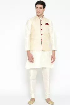 Mag Men's white Matching Kurta Churidar With Gold Waiscoat For Men (RG-19465-36)