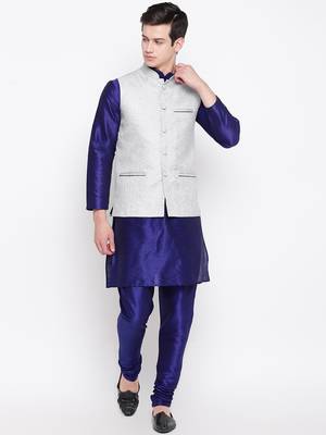 Mag Men's Royal Blue Matching Kurta Churidar With Gray Joot Waiscoat For Men (RG-19466-36) 1