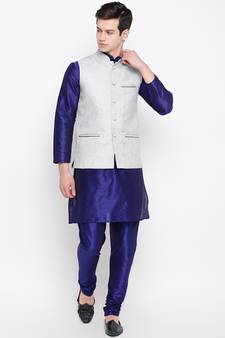 Mag Men's Royal Blue Matching Kurta Churidar With Gray Joot Waiscoat For Men (RG-19466-36)