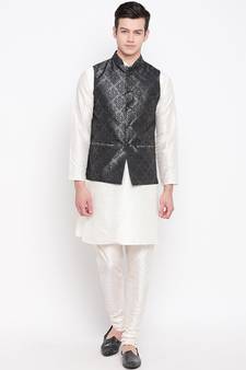 Mag Men's white Matching Kurta Churidar With Black 1st  Waiscoat For Men (RG-19467-36)