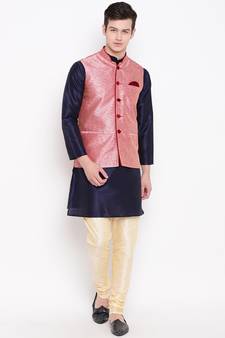 Mag Men's Navy Blue Kurta Gold Churidar With Pink Waiscoat For Men (RG-19468-36)