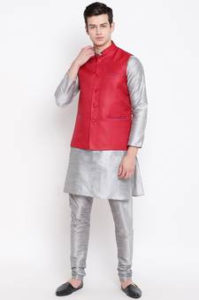 Mag Men's Silver Matching Kurta Churidar With Red Joot Waiscoat For Men (RG-19470-36)