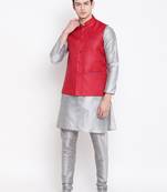 Mag Men's Silver Matching Kurta Churidar With Red Joot Waiscoat For Men (RG-19470-36)