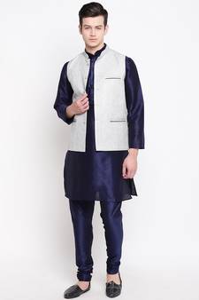 Mag Men's Navy Blue Matching Kurta Churidar With Gray Joot Waiscoat  For Men (RG-19471-36)