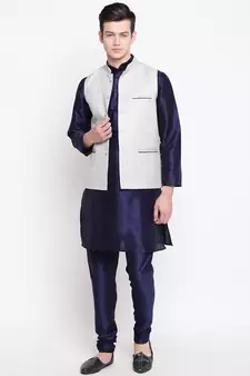 Mag Men's Navy Blue Matching Kurta Churidar With Gray Joot Waiscoat  For Men (RG-19471-36)