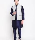 Mag Men's Navy Blue Matching Kurta Churidar With Gray Joot Waiscoat  For Men (RG-19471-36)