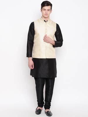 Mag Men's Black Matching Kurta Churidar With New Gold Waiscoat For Men (RG-19472-36) 1