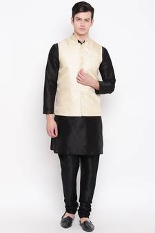 Mag Men's Black Matching Kurta Churidar With New Gold Waiscoat For Men (RG-19472-36)
