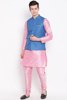 Mag Men's Pink Matching Kurta Churidar With Sky Blue Joot Waiscoat  For Men (RG-19473-36)