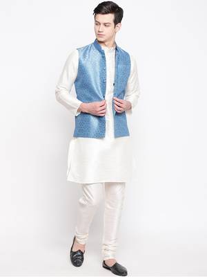 Mag Men's White Matching Kurta Churidar With Banarsi Sky Blue Waiscoat For Men (RG-19474-36) 1