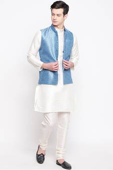 Mag Men's White Matching Kurta Churidar With Banarsi Sky Blue Waiscoat For Men (RG-19474-36)