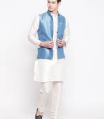 Mag Men's White Matching Kurta Churidar With Banarsi Sky Blue Waiscoat For Men (RG-19474-36)