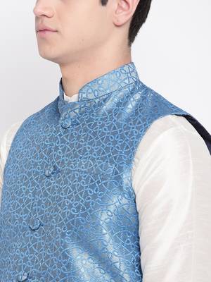Mag Men's White Matching Kurta Churidar With Banarsi Sky Blue Waiscoat For Men (RG-19474-36) 2