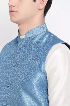 Mag Men's White Matching Kurta Churidar With Banarsi Sky Blue Waiscoat For Men (RG-19474-36)