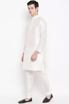 Mag Men's White Matching Kurta Churidar With Banarsi Sky Blue Waiscoat For Men (RG-19474-36)