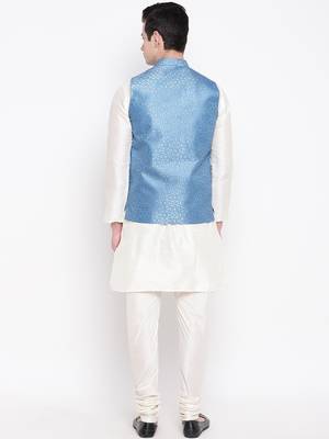 Mag Men's White Matching Kurta Churidar With Banarsi Sky Blue Waiscoat For Men (RG-19474-36) 4