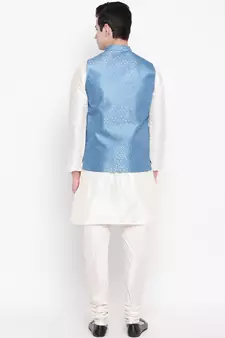 Mag Men's White Matching Kurta Churidar With Banarsi Sky Blue Waiscoat For Men (RG-19474-36)