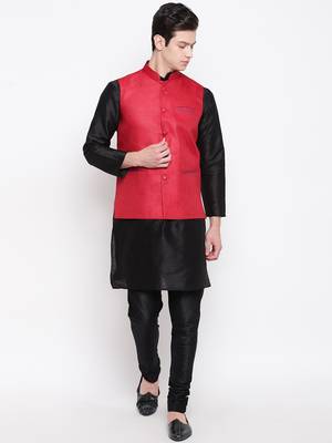 Mag Men's Black Matching Kurta Churidar With Red Joot Waiscoat For Men (RG-19475-36) 1