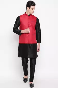 Mag Men's Black Matching Kurta Churidar With Red Joot Waiscoat For Men (RG-19475-36)