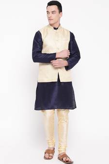Mag Men's Navy Blue Kurta Gold Churidar With New Gold  Waiscoat For Men (RG-19476-36)
