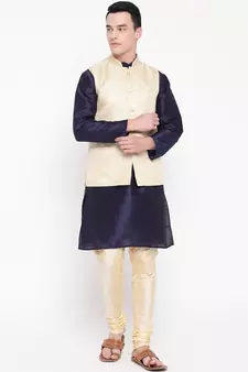 Mag Men's Navy Blue Kurta Gold Churidar With New Gold  Waiscoat For Men (RG-19476-36)