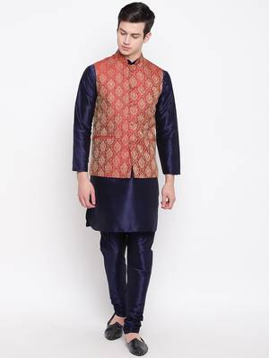 Mag Men's Navy Blue Matching Kurta Churidar With Mahroon Waiscoat  For Men  1