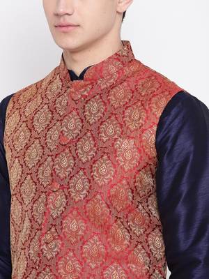 Mag Men's Navy Blue Matching Kurta Churidar With Mahroon Waiscoat  For Men  2