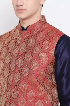 Mag Men's Navy Blue Matching Kurta Churidar With Mahroon Waiscoat  For Men 