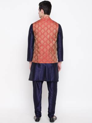 Mag Men's Navy Blue Matching Kurta Churidar With Mahroon Waiscoat  For Men  4