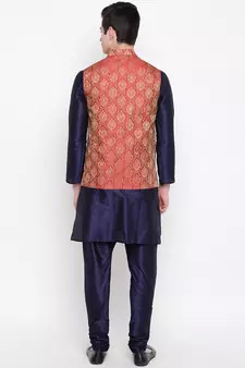 Mag Men's Navy Blue Matching Kurta Churidar With Mahroon Waiscoat  For Men 