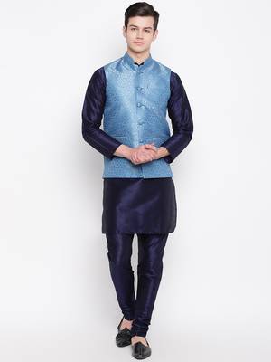 Mag Men's Navy Blue Matching Kurta Churidar With Banarsi Sky Blue Waiscoad For Men  1