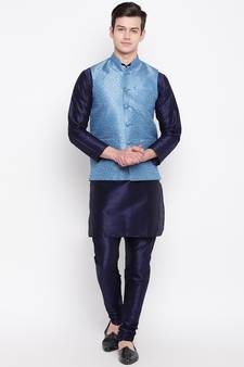 Mag Men's Navy Blue Matching Kurta Churidar With Banarsi Sky Blue Waiscoad For Men 