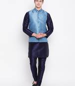 Mag Men's Navy Blue Matching Kurta Churidar With Banarsi Sky Blue Waiscoad For Men 