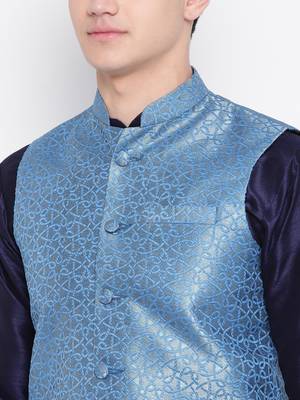 Mag Men's Navy Blue Matching Kurta Churidar With Banarsi Sky Blue Waiscoad For Men  2
