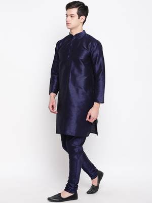 Mag Men's Navy Blue Matching Kurta Churidar With Banarsi Sky Blue Waiscoad For Men  3