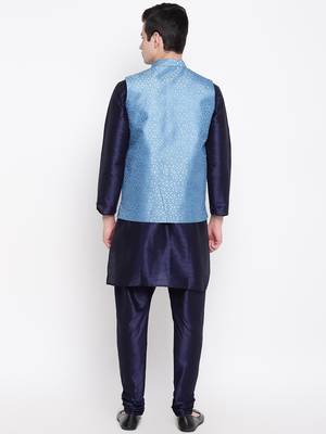 Mag Men's Navy Blue Matching Kurta Churidar With Banarsi Sky Blue Waiscoad For Men  4