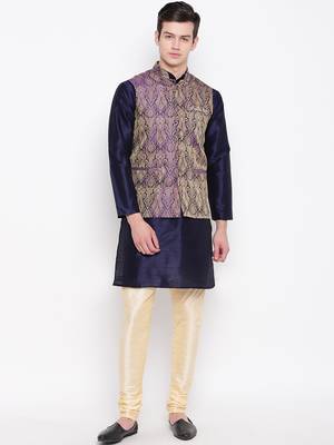 Mag Men's Navy Blue Kurta Gold Churidar With Purple Waiscoat For Men (RG-19481-36) 1