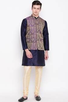 Mag Men's Navy Blue Kurta Gold Churidar With Purple Waiscoat For Men (RG-19481-36)