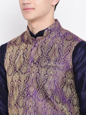 Mag Men's Navy Blue Kurta Gold Churidar With Purple Waiscoat For Men (RG-19481-36) 2