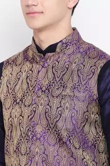 Mag Men's Navy Blue Kurta Gold Churidar With Purple Waiscoat For Men (RG-19481-36)