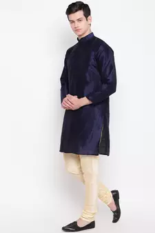 Mag Men's Navy Blue Kurta Gold Churidar With Purple Waiscoat For Men (RG-19481-36)
