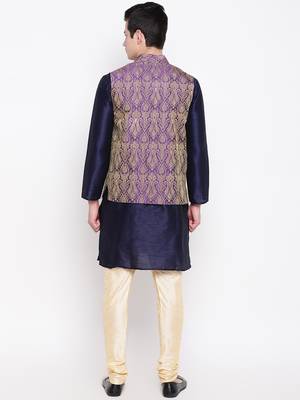 Mag Men's Navy Blue Kurta Gold Churidar With Purple Waiscoat For Men (RG-19481-36) 4