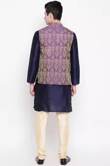 Mag Men's Navy Blue Kurta Gold Churidar With Purple Waiscoat For Men (RG-19481-36)